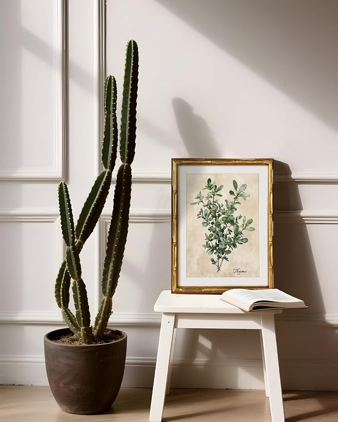 VIYYIEA Bamboo Detail Design Gold Framed Wall Art, Thyme Canvas Prints, Vintage Wall Art Bamboo Style Botanical Wall Decor for Living Room, Picture Print Painting, 11 x 14 Inch