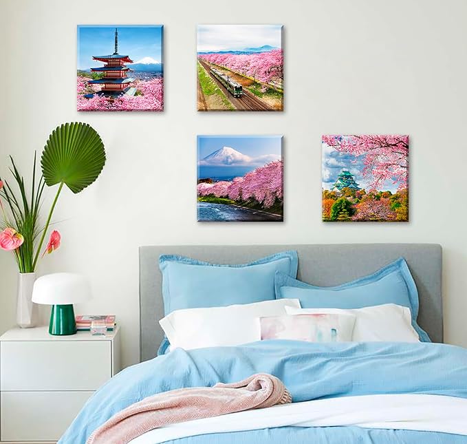 Japanese Cherry Blossom Wall Art - Asian Nature Landscape Romantic Canvas Prints Japanese Mount Fuji Posters Spring Scenery Pictures Modern Artwork for Bedroom Living Room Home Decoration 12"X12"X4
