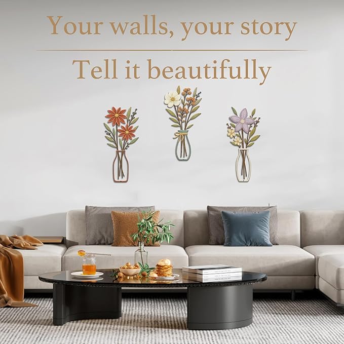 3 Piece Metal Flower Wall Art for Bedroom Living Room Rustic Farmhouse Floral Wall Decor for Bathroom Dining Room Boho Home Decorations Modern Minimalism Walls Hanging Sculptures(Red Purple)