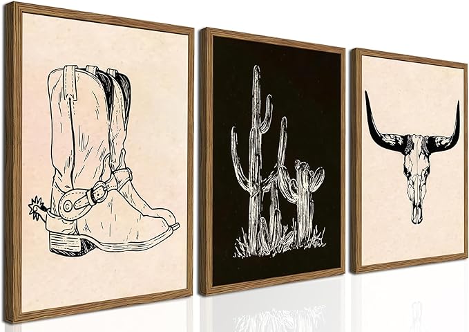 Vintage Western Wall Art Set of 3, Southwestern Cowboy Wall Decor Paintings, Black and White Longhorn Bull Skull Canvas Prints for Bedroom Living Room 16x24 inch Wood Framed