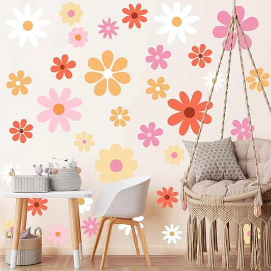 TaoBary 12 Sheet Daisy Wall Sticker Decal Removable Cute Daisy Bedroom Room Decor Flower Wall Sticker Pink White Flower Decal Wallpaper Peel and Stick for Nursery Home(Bright Color,Bright Style)