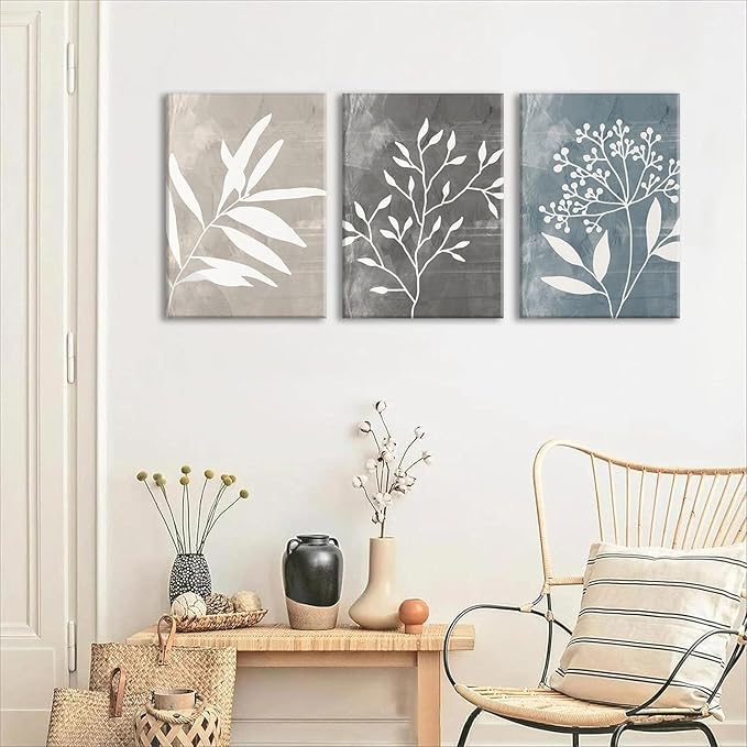 okudolit Vintage Botanical Canvas Wall Art Set of 3 Blue Grey and Beige Neutral Plant Leaf Prints Boho Minimalist Floral Art Pictures Wall Decor for Living Room Bedroom bathroom Office-12x16in