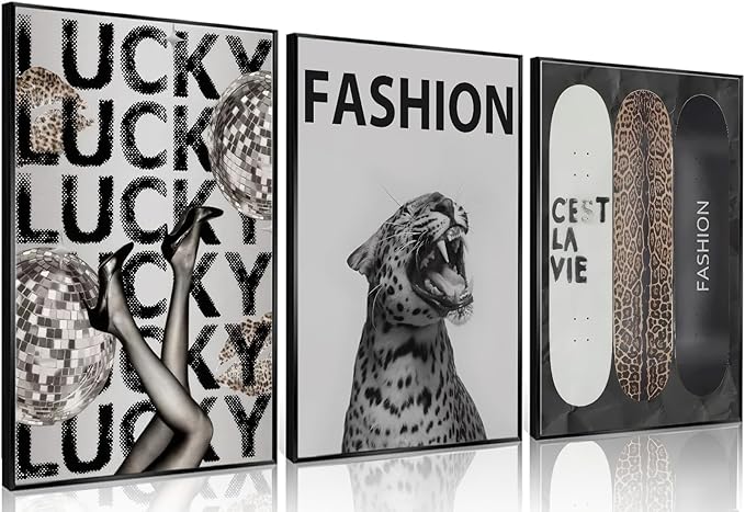 Trendy Leopard Wall Art Fashion Cheetah Lucky Skateboard Wall Decor Pictures Funky Vintage Preppy Luxury Aesthetic Posters Prints for Girly Bedroom Apartment Dorm Decoration Unframed 12x16in