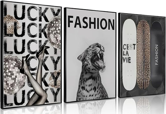 Trendy Leopard Wall Art Fashion Cheetah Lucky Skateboard Wall Decor Pictures Funky Vintage Preppy Luxury Aesthetic Posters Prints for Girly Bedroom Apartment Dorm Decoration Unframed 12x16in