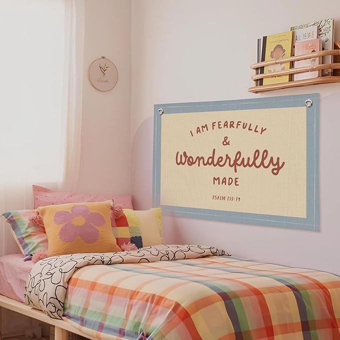 Kids Room Decor - Bible Verse Wall Hanging, 'I am Fearfully and Wonderfully Made' Linen Banner, Canvas Decoration for Classroom, Nursery - Blue