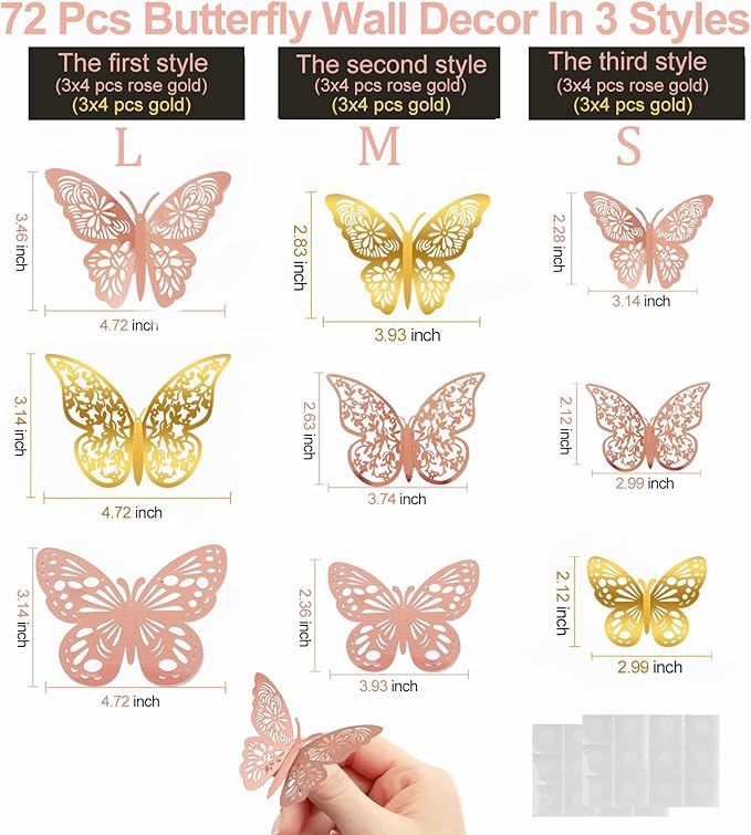72 Pcs Butterfly Wall Decor, 3 Styles 3 Sizes 3D Butterfly, Gold and Rose Gold Butterfly, Wedding Decorations, Birthday Party Decorations, Girls Bedroom Decoration(72 Pcs, Gold and Rose Gold)