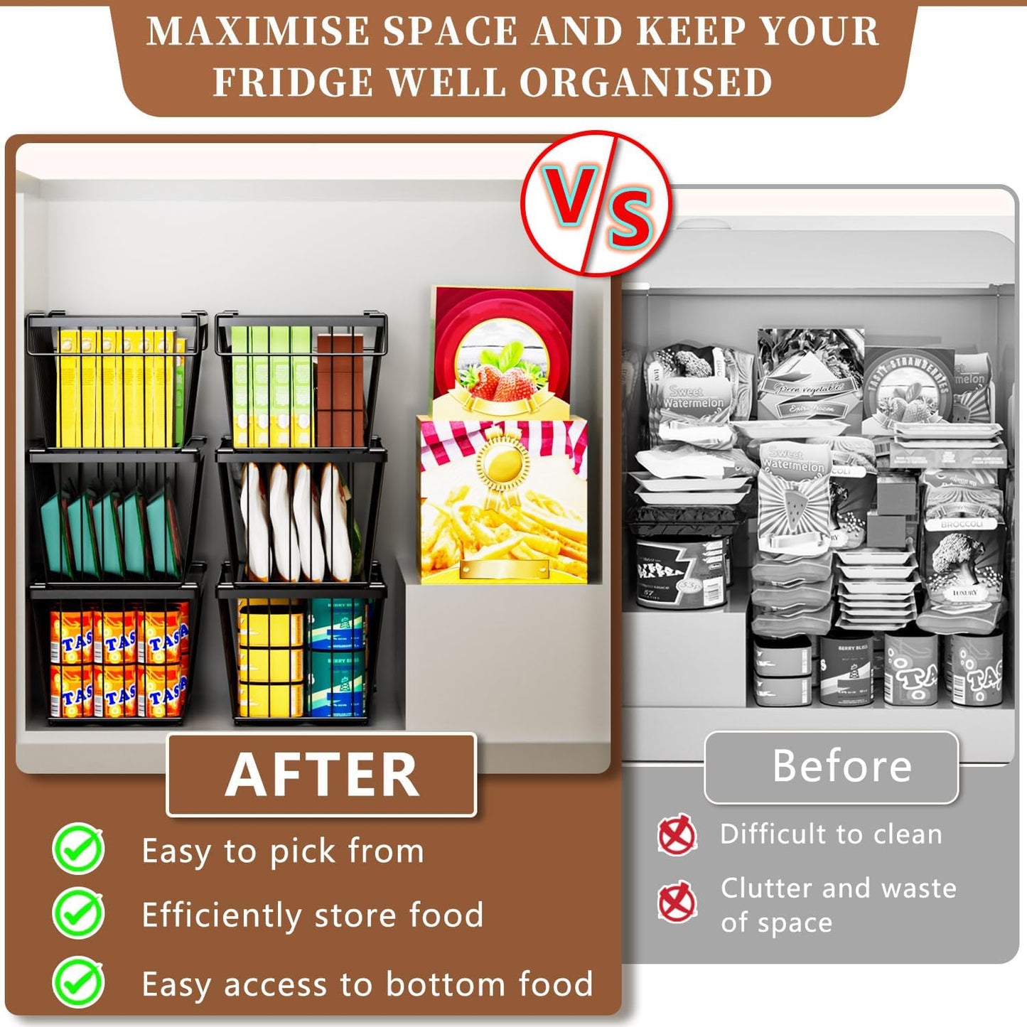 6 Pack Stackable Deep Freezer Organizer Bins ，Upgraded Bottom Leak-Proof net，Encryption and Hardening ， Freezer Organizer Bins for 5 to 9 Cu.FT Small Chest Freezer， Easy Get Bottom Foods