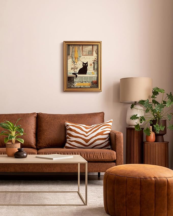 HUARCEY Gold Framed Canvas Wall Art, Bathroom Cat Vintage Decor, Bathroom Shelf Vintage Decor Aesthetic, Retro Decoration for Bathrooms Bedroom Living Room, 12x16Inch