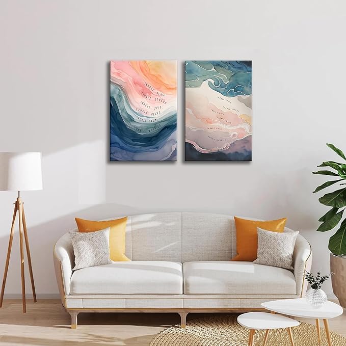 2Pcs framed Mental Health Poster Inhale Exhale Meditation Vintage Abstract Watercolor Canvas Prints Wall Art for Therapy Office Calming Corner Wall Decor 12x16 in