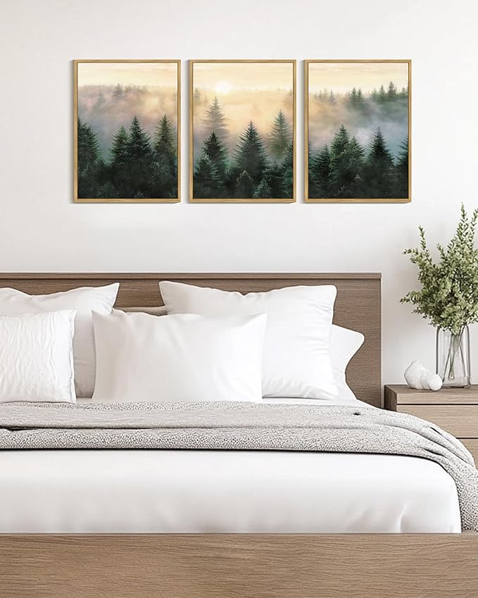 Drsoum Green Fog Pine Tree Landscape Wall Art Framed Nature Misty Nordic Forests Prints Morden Farmhouse Rustic Artwork Hallway Bedroom Ready to Hang 12x16in Natural Framed