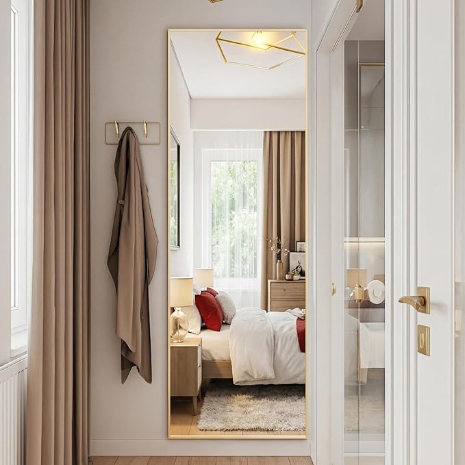DUMOS Full Length Mirror with Stand 15"x56" Floor Standing Aluminum Frame for Bedroom Body Hanging Leaning Modern Simple Home Decor Shatter-proorf Nano Glass Wall Living Room Cloakroom, Gold