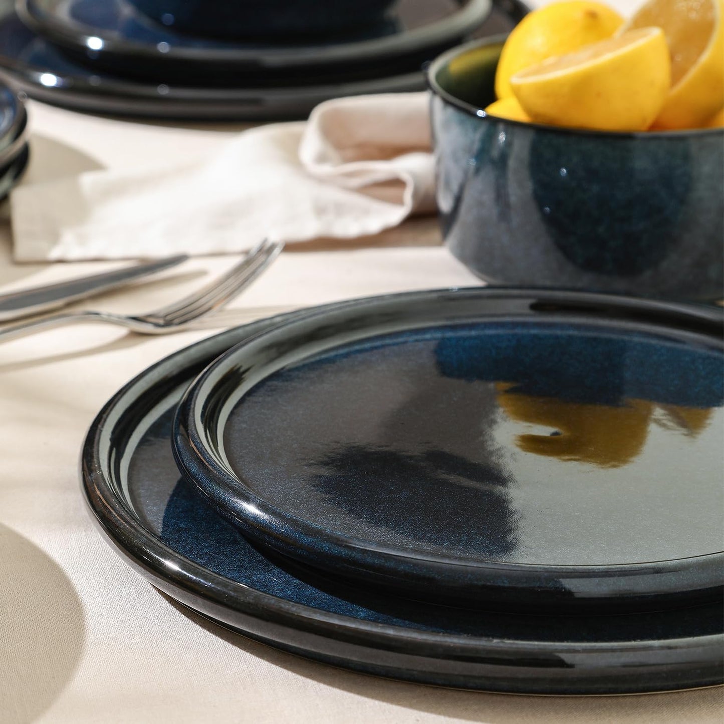 Stone Lain Eden 12-Piece Dinnerware Set Stoneware, Plates and Bowls Set, Dishwasher and Microwave Safe Dish, Dish Set for 4, Dark Blue