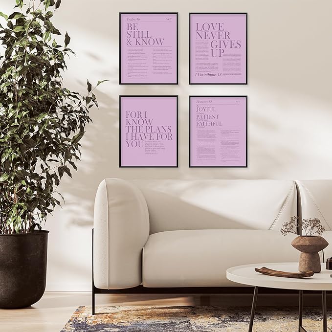 Locomiss Purple Christian Wall Art Decor, Modern Bible Verse Prints, Minimalist Jesus Scripture Wall Decor, Inspirational Bible Posters for Bedroom Office Living Room, Set of 4 (8x10 Unframed)
