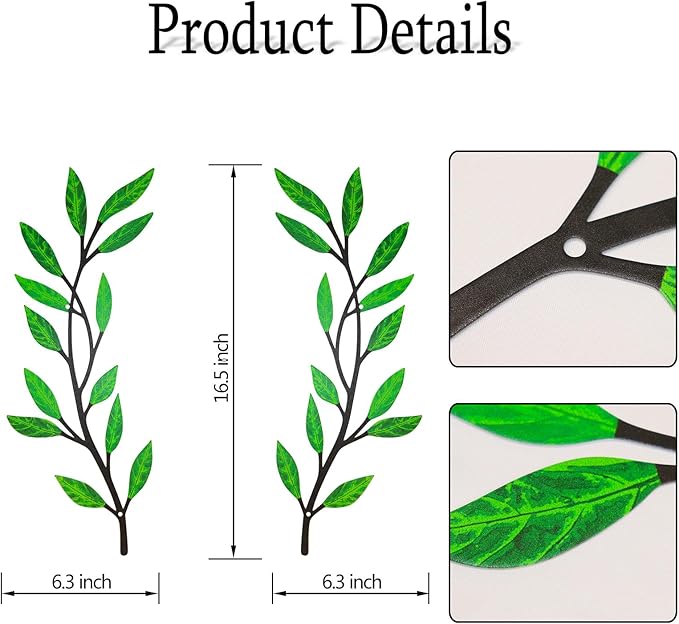 Metal Tree Leaf Wall Decor 2 PCS Rustic Vine Branch Leaf Wall Art for Living Room Bedroom Bathroom Decorations - Green