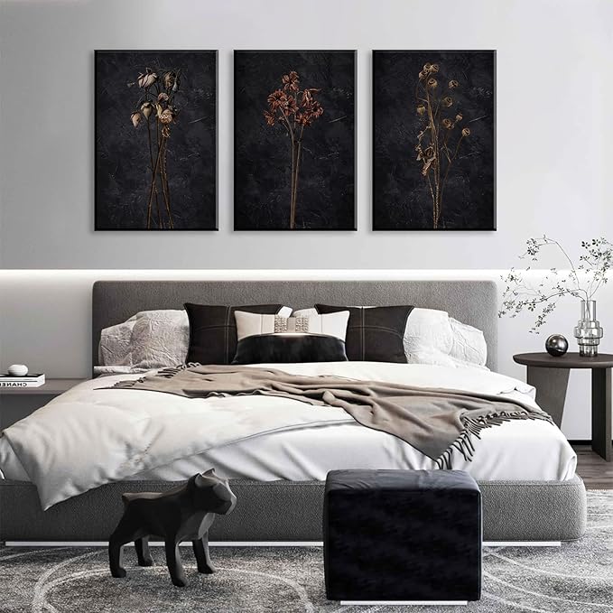 LYPHNX Framed Dark Moody Wildflowers Canvas Wall Art Black Vintage Dried Floral Wilderness Botanical Painting Poster Set of 3 Nature Prints Picture Wall decor for Living Room Bedroom Office 12"x16"