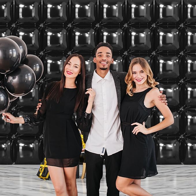 NISOCY 48PCS Black Square Foil Balloons Wall Backdrop Metallic Double Sided Black Balloon Tunnel Arch Kit for New Year Birthday Baby Shower Graduation Party Decorations