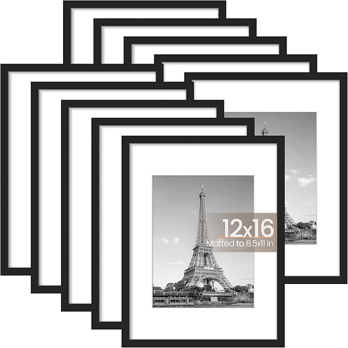upsimples 12x16 Picture Frame Set of 10, Display Pictures 8.5x11 with Mat or 12x16 Without, Multi Photo Frames Collage for Wall Display, Black