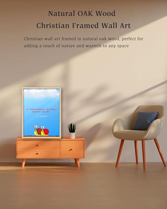 KensTro Natural OAK Wood Nursery Decor Framed Wall Art, 12x16 in Inspirational Christian Bible Verse Wall Art,By Perseverance The Snails Made it To The Ark,Faith for Boys Girls Bedroom Decor Set of 1