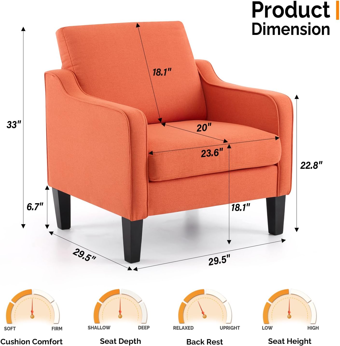 VINGLI Burnt Orange Mid Century Modern Accent Chair for Living Room & Bedroom, Scooped Arm, Upholstered Comfy Chair for Apartment, Waiting Room