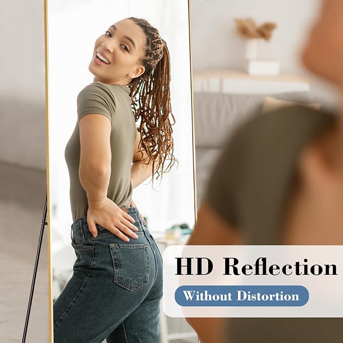DUMOS Full Length Mirror with Stand, 56"x21" Floor Mirror with Aluminum Alloy Frame for Bedroom, Standing Full Body Mirror with Shatter-proorf Nano Glass for Wall, Living Room, Cloakroom, Gold