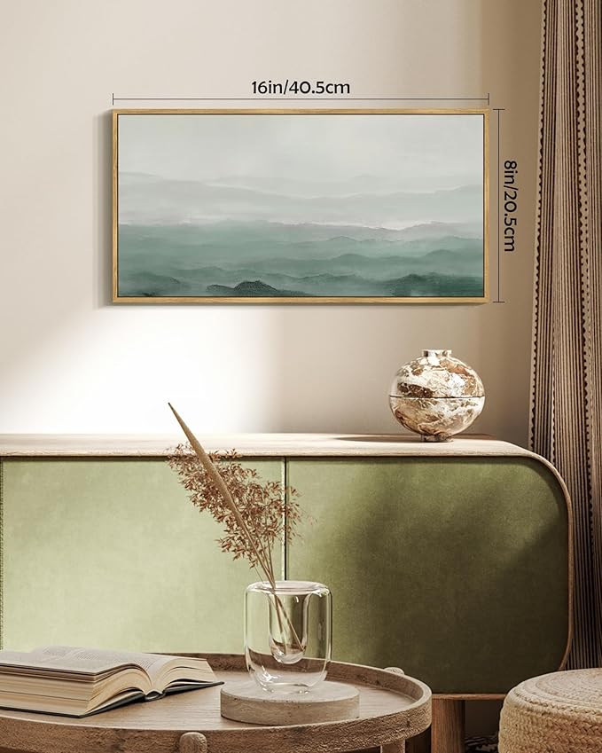 SHENIFY Vintage Landscape Framed Wall Art Foggy Mountain Farmhouse Decor Retro Wilderness Illustrations Decorative for Kitchen Bedroom Living Room Bathroom - 8x16in Natural Framed