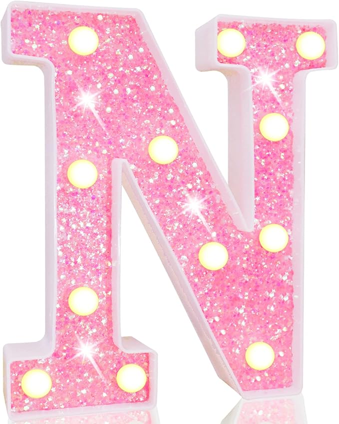 Pooqla LED Marquee Letter Lights, Pink Glitter Alphabet Sign Battery Powered Night Light, Birthday Party, Wedding, Girls Gifts, Home Bar, Christmas Decoration, N