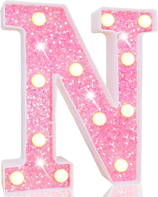 Pooqla LED Marquee Letter Lights, Pink Glitter Alphabet Sign Battery Powered Night Light, Birthday Party, Wedding, Girls Gifts, Home Bar, Christmas Decoration, N