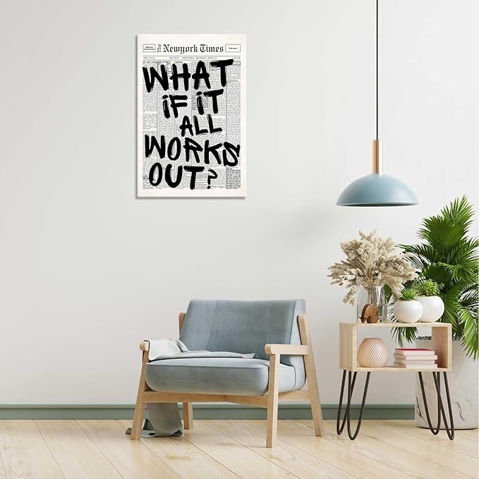 Drimiler Retro Black And White Newspaper Poster What If It All Works Out Canvas Wall Art Positive Affirming Quote Minimalist Prints Painting For Home Bedroom Dorm Wall Decor 24x36in Wframed