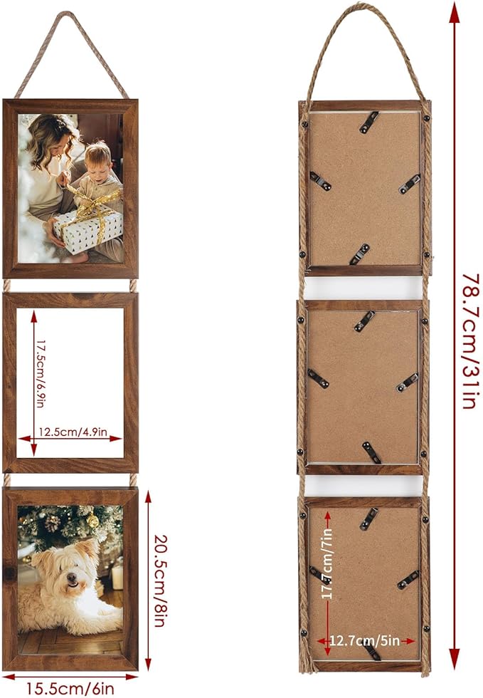 QUTREY 5x7 Collage Picture Frames, 6 Openings Hanging Photo Frame Set Display Vertical 5 by 7 inch Pictures for Wall Decor, Rustic Walnut Brown, 2 Pack