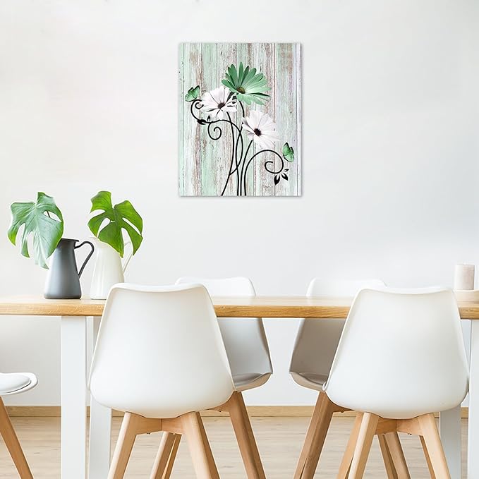 HVEST Green Floral Wall Art Rustic Farmhouse Daisy Flower and Butterfly Wall Art for Living Room, Vintage Canvas Print Artwork for Bathroom Bedroom Home Kitchen Office, 20L x 16W Inches