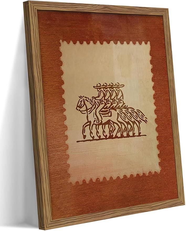 Framed Rustic Stamp Wall Art, Vintage Mexico Cowboys on Horseback Wall Decor, Earthy Tones Western Cowboy Canvas, Modern Farmhouse Pictures Prints for Bedroom Living Room – 12x16 inch