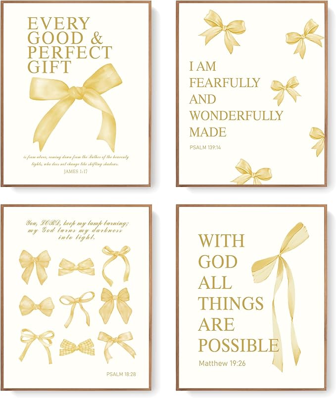 LARTSFRO Coquette Yellow Bow Wall Art Decor Posters, Butter Yellow Bow Room Bedroom Bathroom Dorm Wall Art Decor Aesthetic for College Teen Girls Gifts, Inspirational Bible Verses Bow Wall Decor, 10x8 Inch Set of 4 Pcs Bow Pictures (UNFRAMED)