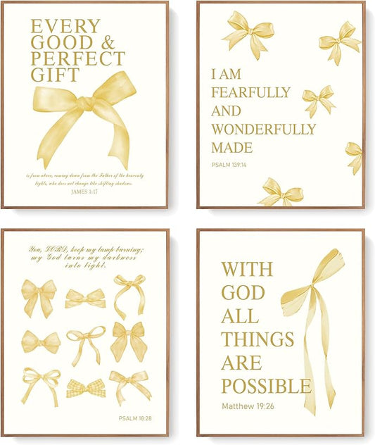 LARTSFRO Coquette Yellow Bow Wall Art Decor Posters, Butter Yellow Bow Room Bedroom Bathroom Dorm Wall Art Decor Aesthetic for College Teen Girls Gifts, Inspirational Bible Verses Bow Wall Decor, 10x8 Inch Set of 4 Pcs Bow Pictures (UNFRAMED)