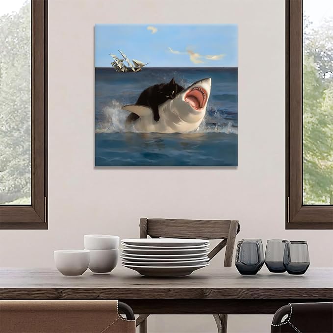 Yaneiro Framed Black Cat Bathroom Wall Art, Funny Quirky Cat and Shark Pictures Canvas Print, Abstract Black Cat Shark Posters Wall Decor for Room Bedroom Living Room Bathroom 20x20 in