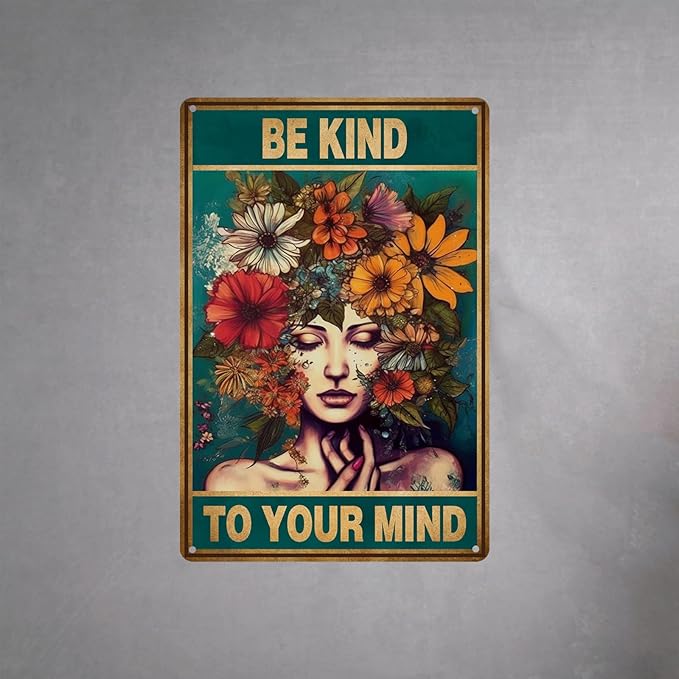 HYBLOM Vintage Room Decor, Boho Office Decor, Be Kind to Your Mind Wall Art Signs, Hippie Posters for House Aesthetic, Retro Metal Sign 12x8 Inches