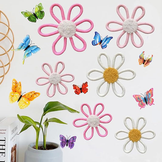 KUNHEHO Boho Wall Decor Set of 6 Daisy Flower With Butterflies Wall Decor Nursery Wall Decors Bohemian Macrame Wall Hanging Decor for Nursery Home Bedroom (3 colors)