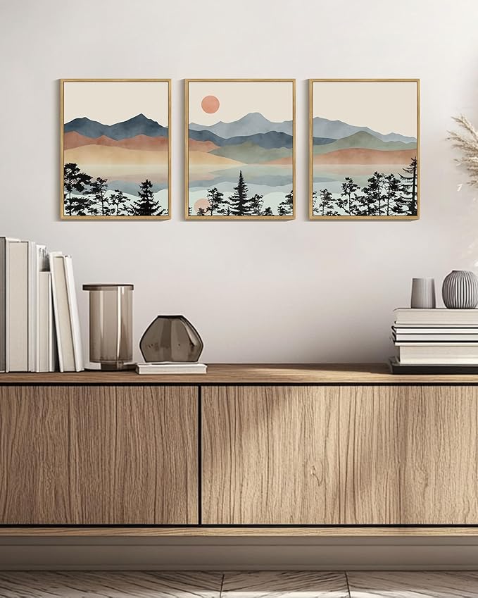Drsoum Mountain Range Landscape Wall Art Framed Ink Wash Watercolor Nature Wall Decor Laker Sun Rises Prints Bedroom Living Room Ready to Hang 11x14in Natural Framed