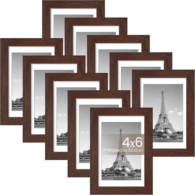 upsimples 4x6 Picture Frame Set of 10, Display Pictures 3.5x5 with Mat or 4x6 Without, Multi Photo Frames Collage for Wall or Tabletop Display, Brown