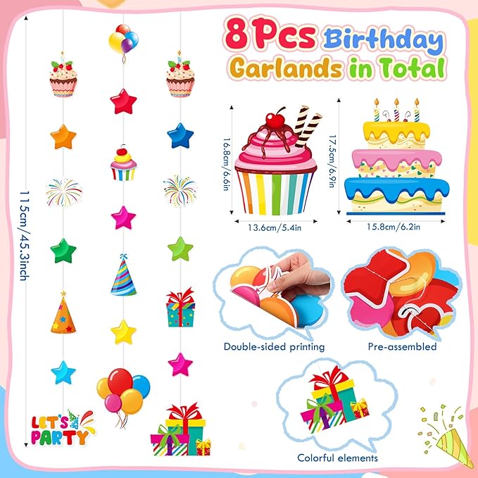 8 Pcs Happy Birthday Party Decorations Let's Party Garland Streamers Colorful Rainbow Birthday Theme Hanging Paper Cutouts Banner for Wall Backdrop Classroom Door Ceiling Decorations Supplies