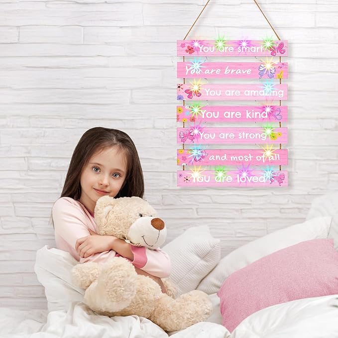 FIOBEE Girls Room Décor for Teen Girls Boys with LED Light Wall Decor for Bedroom Motivational Inspirational Wall Art Room Decoration for Kids Studyroom, 8 Kinds of Lights, Light Pink Butterfly
