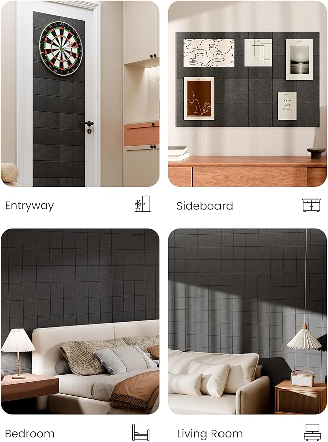 Bumusty Large Felt Bulletin Board, 36" x 24" Cork Board Alternative, 6-Pack Wall Tiles with 4-Compartment Design, 30 Push Pins, 40 Adhesive Tabs, Ideal for Office & Home Decor, Charcoal Gray