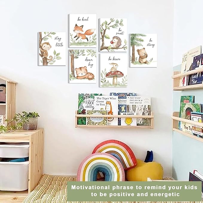 Framed Woodland Nursery Wall Art, Forest Animal Pictures Nursery Wall Decor, Safari Theme Wall Decor for Baby Kids Boy Girl Room (Framed, 8x10inch, Set of 6)