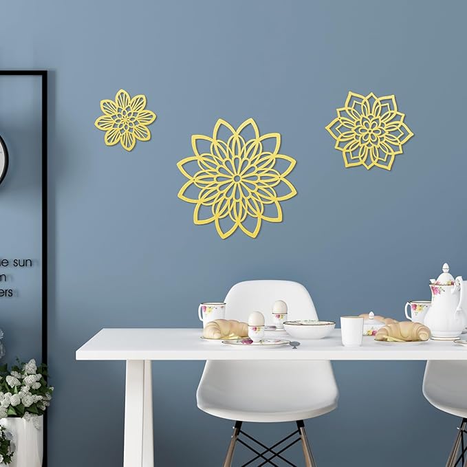 3 Pieces Metal Flowers Wall Decor, Black Wall Decoration Metal, Flower Art Wall Decor Farmhouse Wall Decorations Multiple Flowers Hanging Decor for Bathroom Living Room Home Kitchen Garden Office (Gold Elegant)