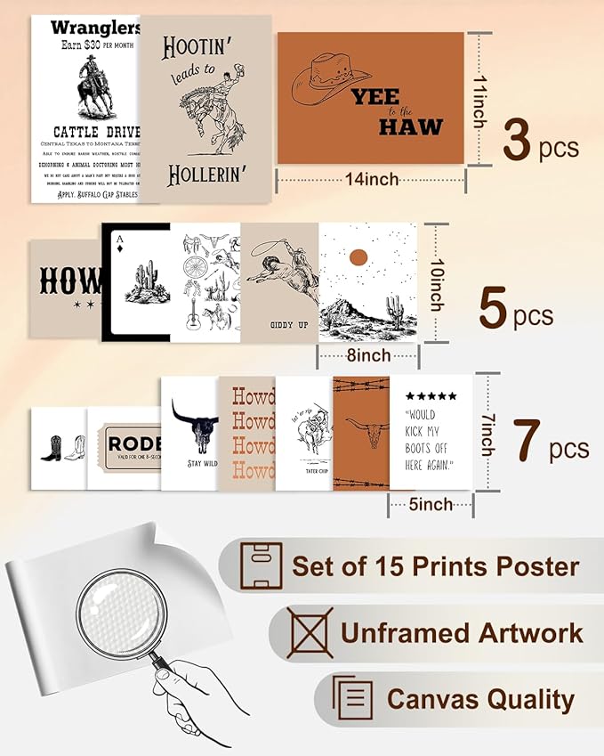 KBKBART Retro Western Wall Art Set – 15 Vintage Cowboy & Desert Prints, Wild West Rodeo and Southwest Decor for Living Room, Bedroom, or Office (Unframed, Multi Sizes, 11"x14" Largest)