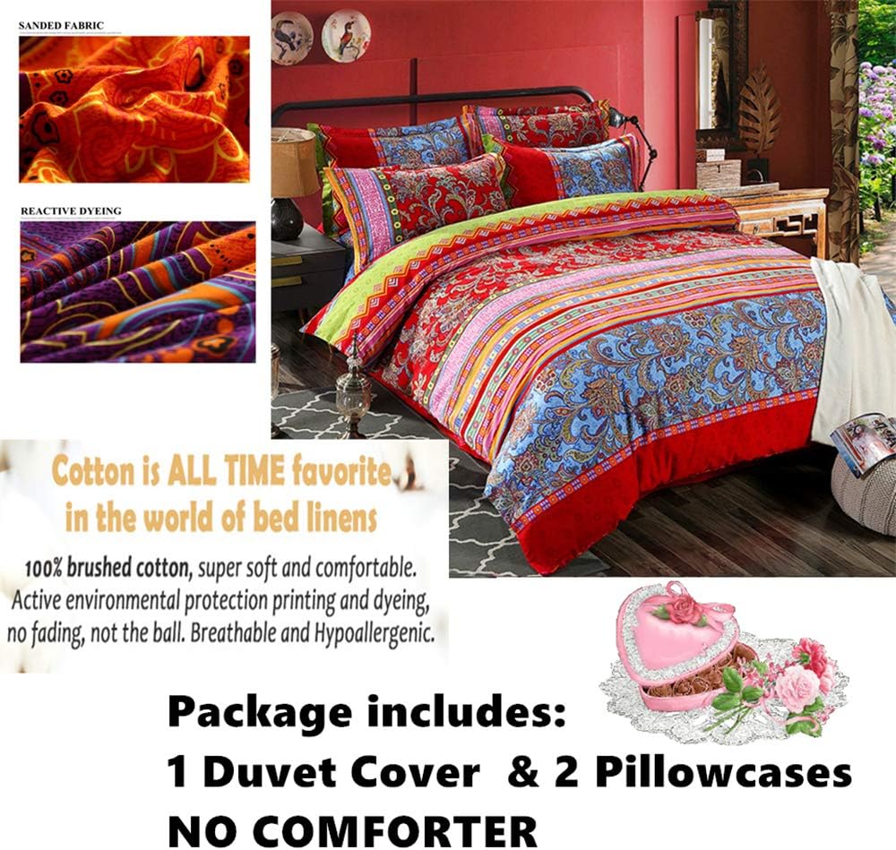 ABREEZE Full Duvet Covers, Bohemian Retro Bedding Set, Coloful Mandala Down Comforter Cover, Boho Floral Style Quilt Cover, 100% Brushed Cotton, 1 Duvet Cover and 2 Pillow Shams,Red