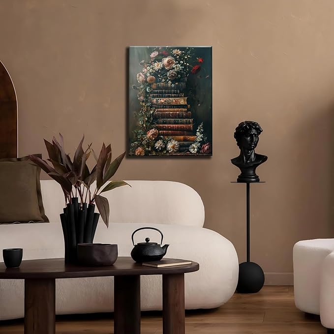 Framed Vintage Floral Wall Art Moody Flowers Books Art Painting Dark Wildflowers Academia Gallery Picture Print Wall Decor Rustic Country Canvas Decor for Living Room Office 16X24In