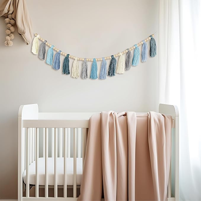 Boho Yarn Tassel Garland - Handmade Wall Hanging Decor for Nursery, Baby Shower, Kids Room, Classroom, Birthday Party | Macrame Tassels Bunting Banner for Bedroom, Office, Home Decoration (Sky Blue)