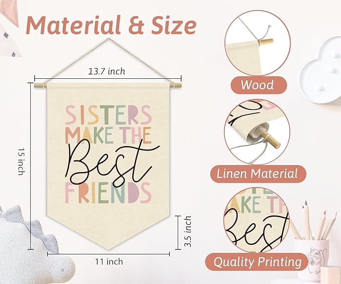 Girls Room Wall Art Decor,Toddler Girl Room Cute Pink Nursery Bedroom Playroom Canvas Banner Decorations,Sisters Make The Best Friends Wall Hanging Pennant Flag Banner
