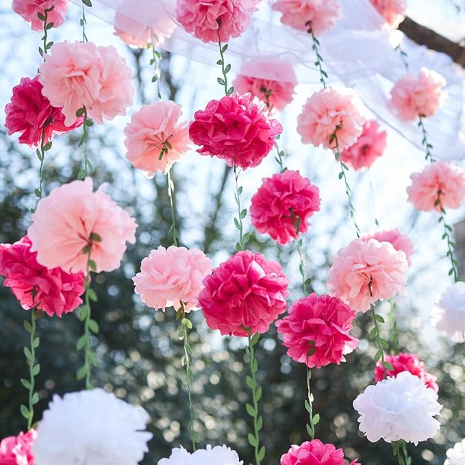 4 Pcs Gradient Pink Flower Garland Banner for Bridal Shower Decorations, Baby Shower Decorations for Girls, Pom Pom Garland, Paper Flowers Party Decorations for Birthday