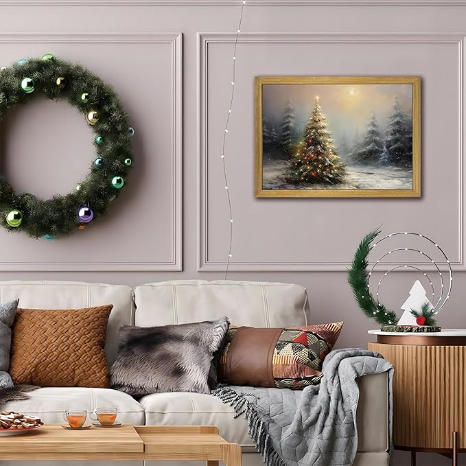 Vintage Christmas Wall Art, Vintage Pine Tree Canvas Wall Decor Painting, Rustic Winter Tree Print, Botanical Winter Art, for Table Farmhouse Mantel Home Office 16x24 Inch Wood Framed